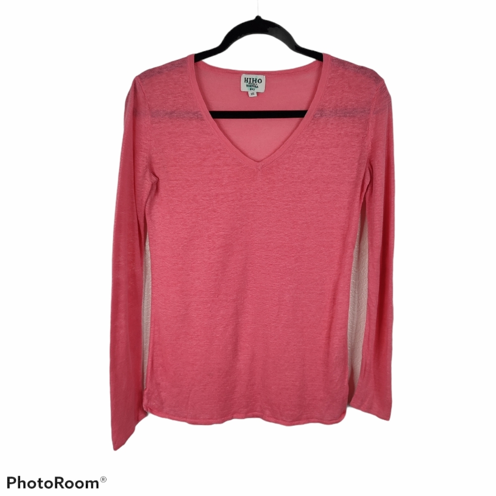 *HIHO Pink Linen V-Neck Long Sleeve Blouse Top XS Coastal Barbie Ballet Lagen